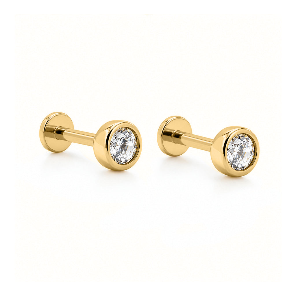 10K Yellow Gold Round CZ Bezel Stud Flat Screwback Earrings