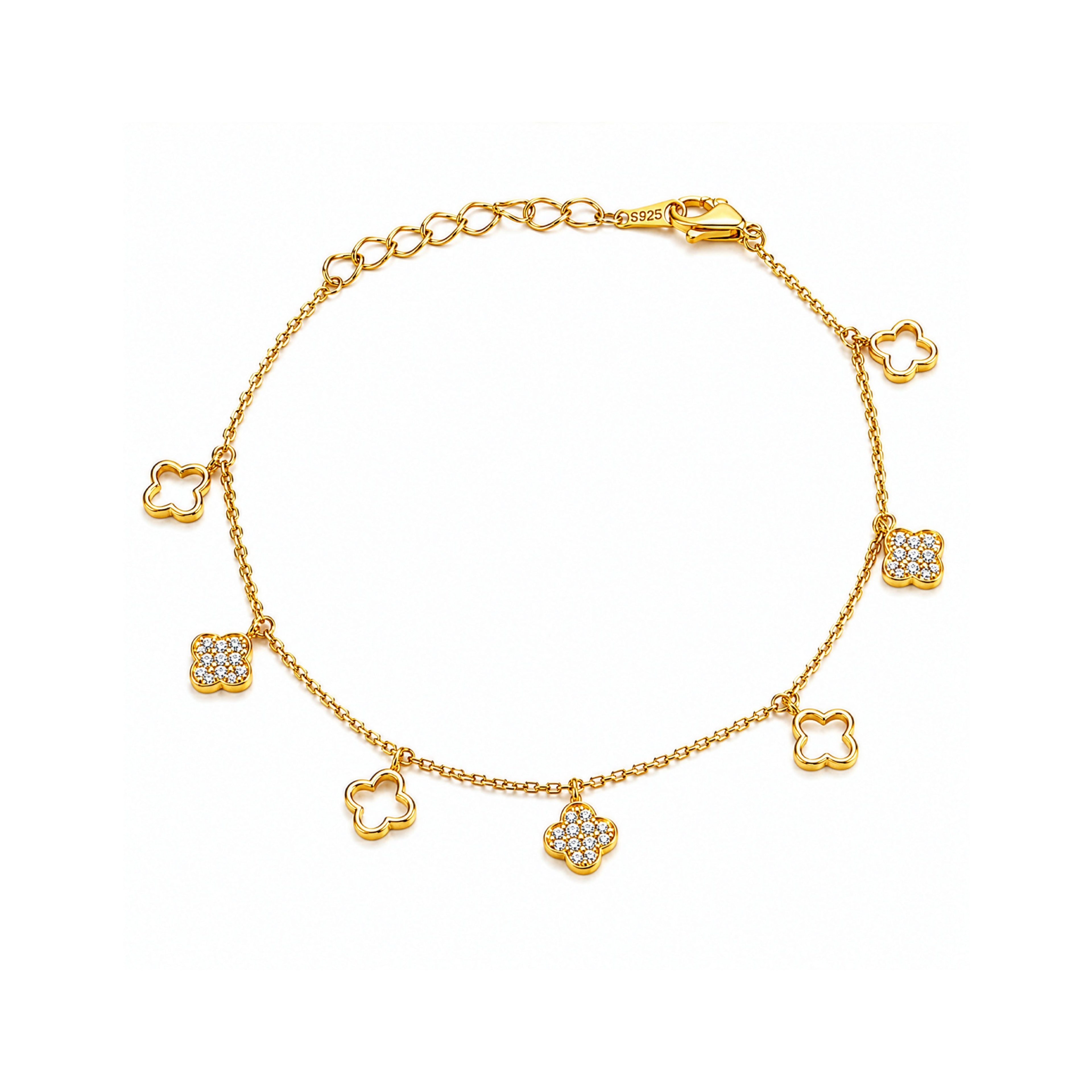 Gold Vermeil CZ Pave & Cutout Clover Dangling Bracelet