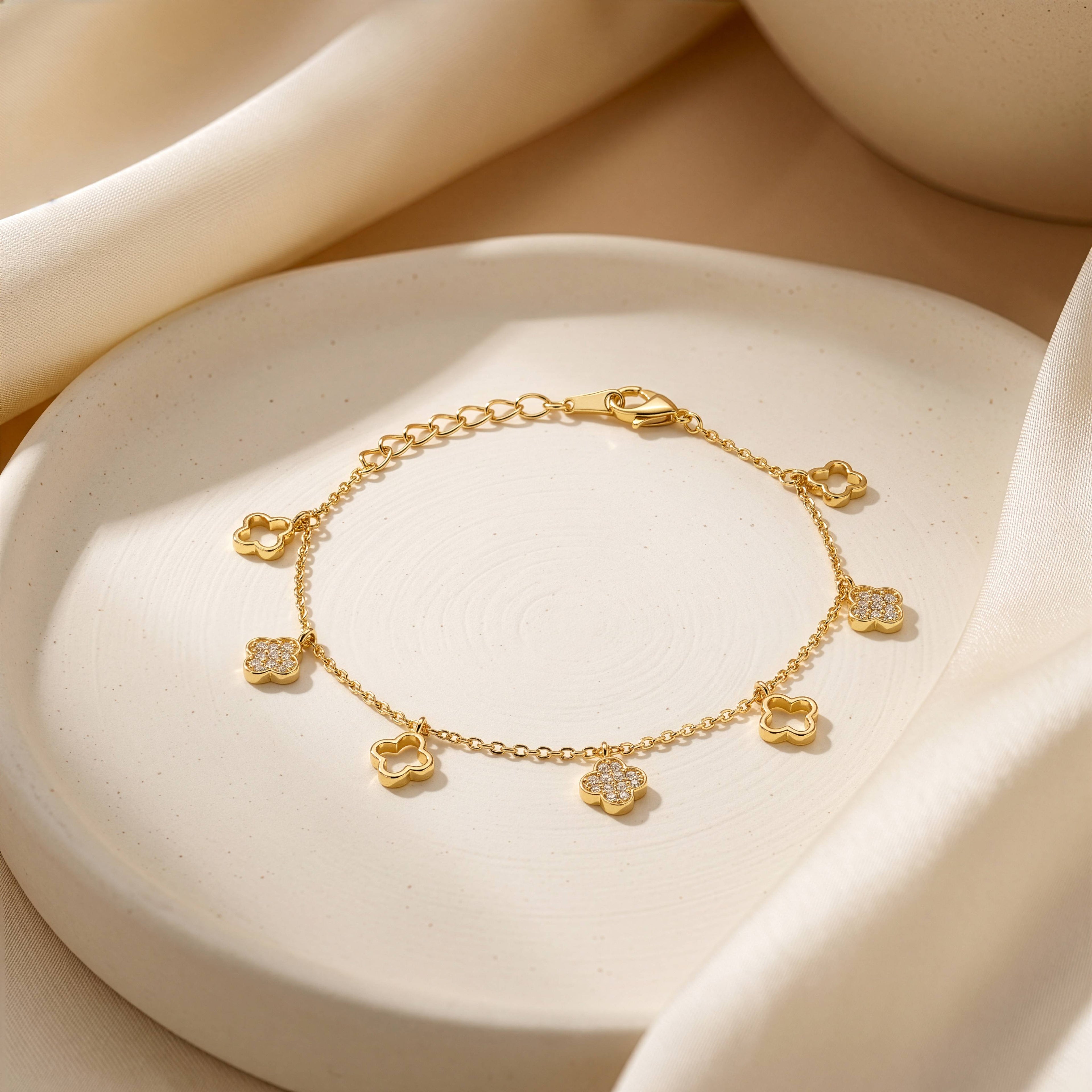Gold Vermeil CZ Pave & Cutout Clover Dangling Bracelet