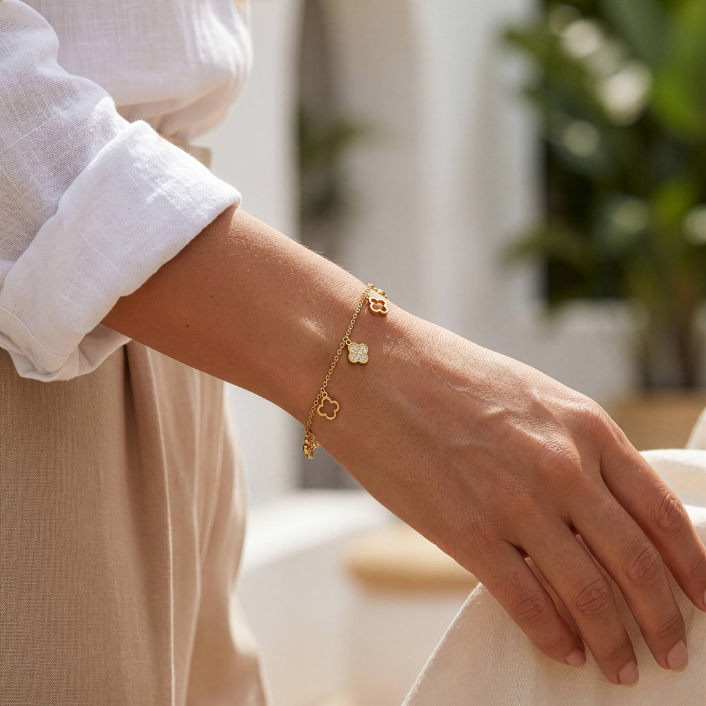 Gold Vermeil CZ Pave & Cutout Clover Dangling Bracelet