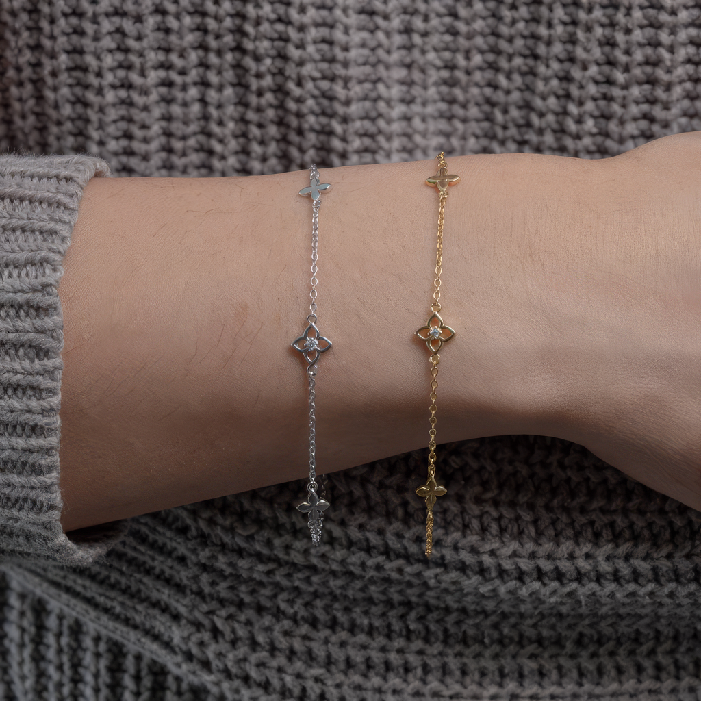 Sterling Silver Gold Vermeil CZ Cutout Clover Bracelet