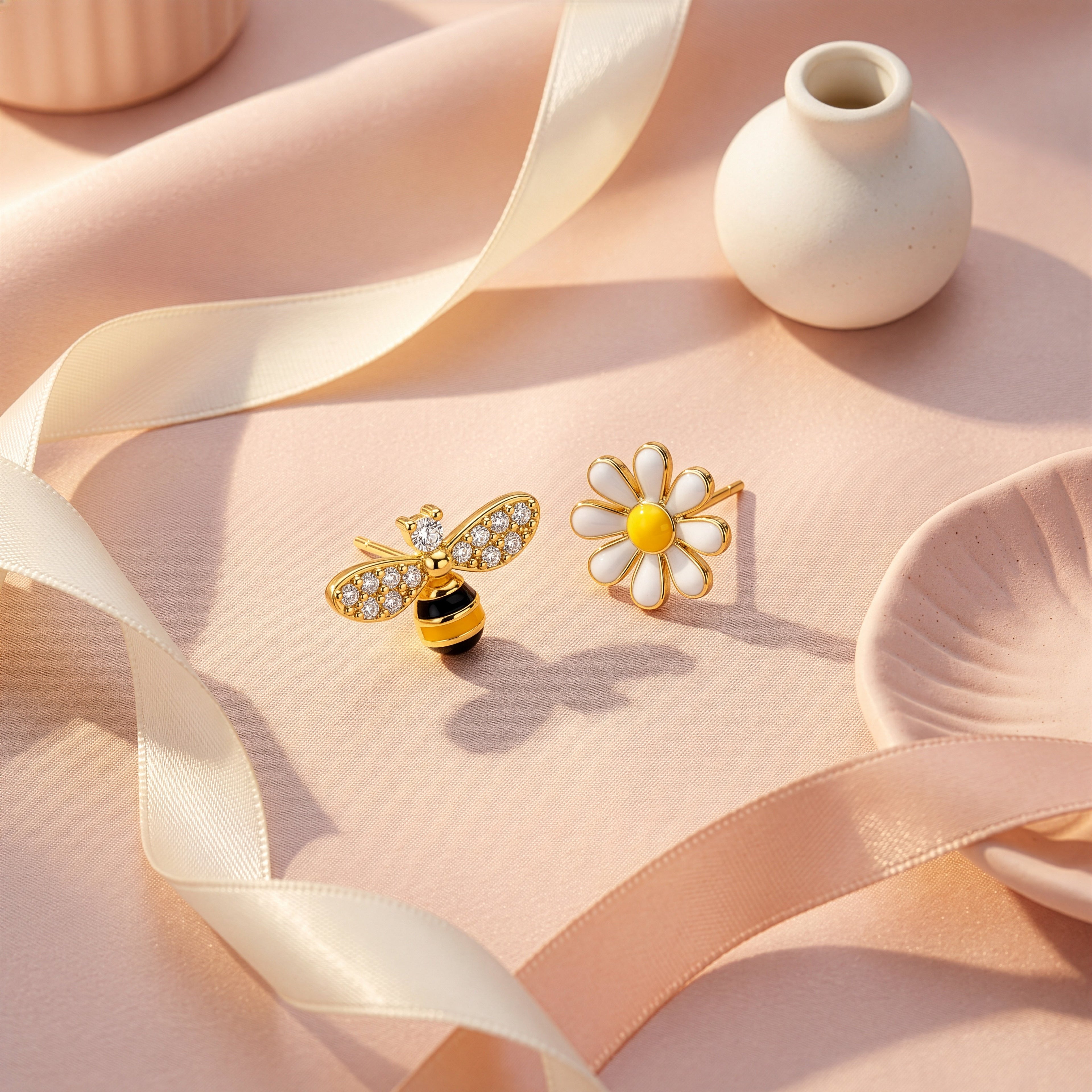 Enamel Bee and White Daisy Mis-Matched Stud Earrings
