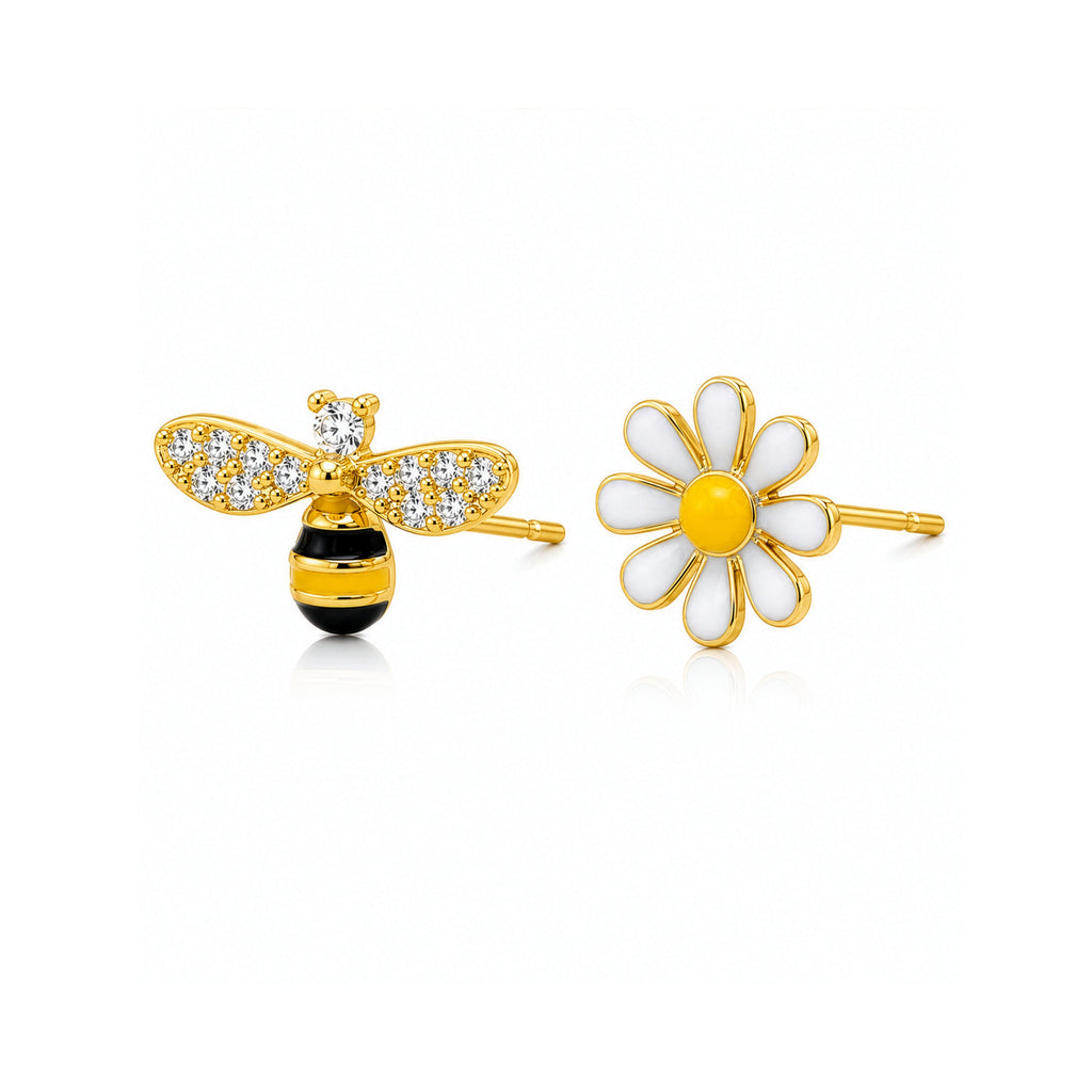 Enamel Bee and White Daisy Mis-Matched Stud Earrings