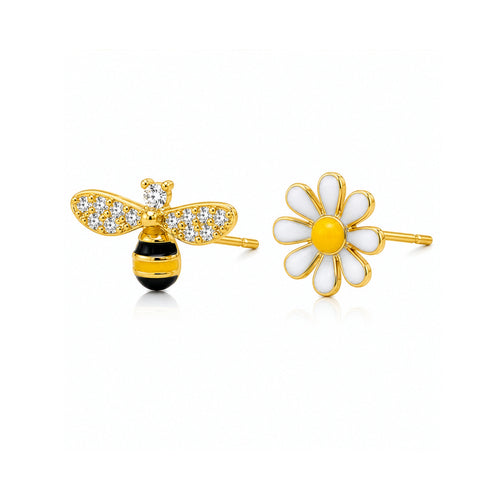 Enamel Bee and White Daisy Mis-Matched Stud Earrings
