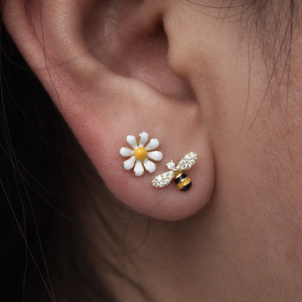 Enamel Bee and White Daisy Mis-Matched Stud Earrings