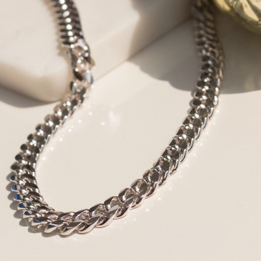 Sterling Silver Rhodium Plated Miami Cuban Curb Chain 7.7mm