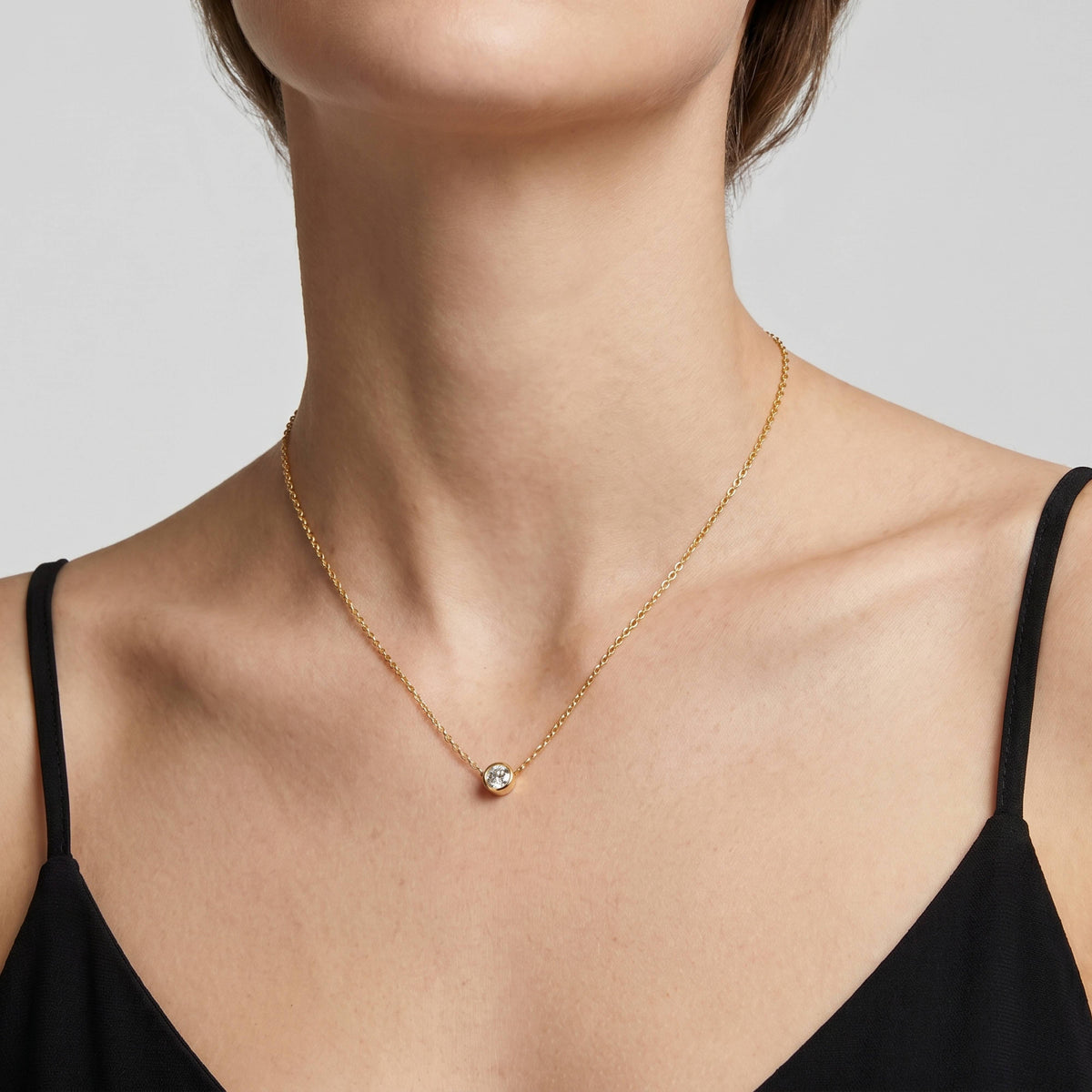 Sterling Silver Round Cut CZ Bezel Set Solitaire Necklace