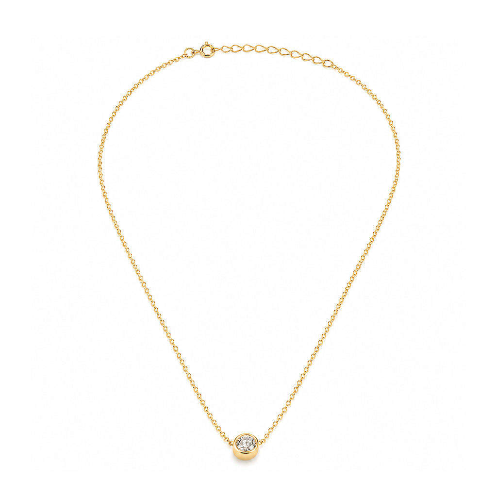 Sterling Silver Round Cut CZ Bezel Set Solitaire Necklace