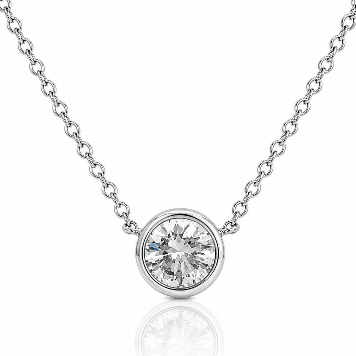 Sterling Silver Round Cut CZ Bezel Set Solitaire Necklace